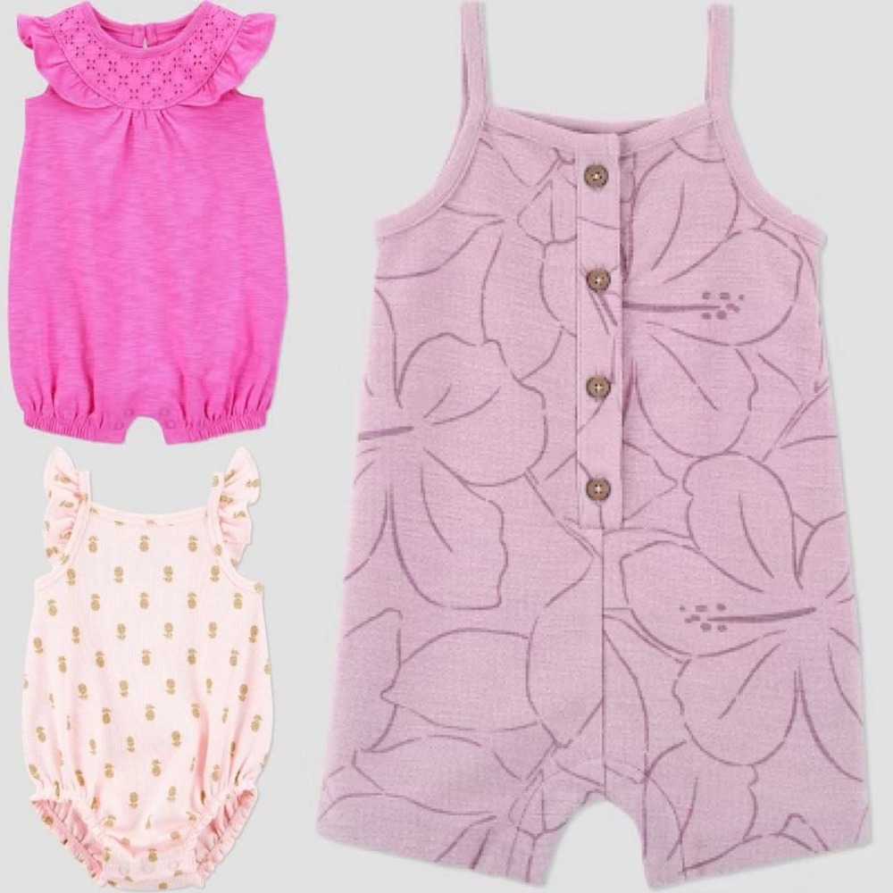 Lot of 3 Carters Baby Girls Romper Set Pink Pineapple Purple Floral 6M Bundle‎